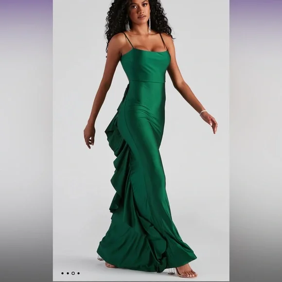 Meadow Formal Open Back Ruffled dresses in hunter green. L & XL - Picture 2 of 4